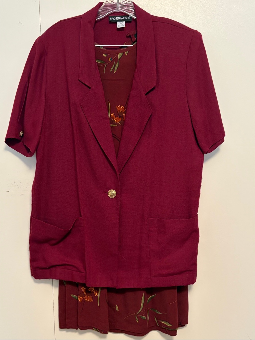 Sag Harbor Wine Short-Sleeve Blazer with Floral Top and coordinated Floral Skirt